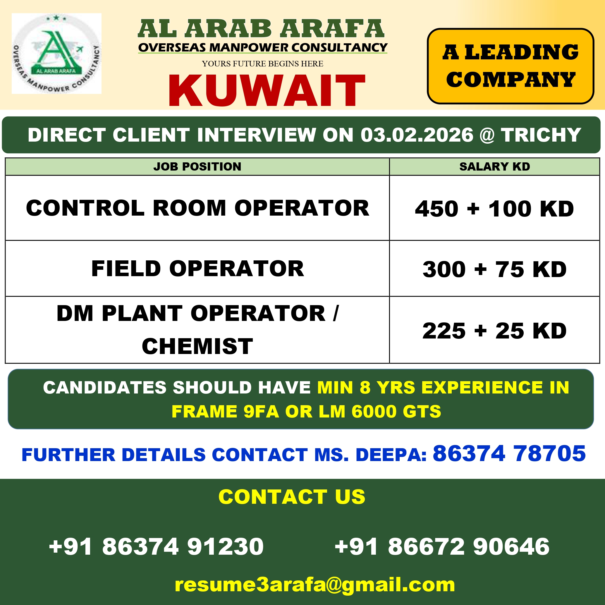 WALKIN DIRECT INTERVIEW ON 07.02.2025 @ TRICHY