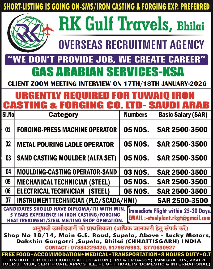 HIRING FOR A GAS ARABIA COMPANY FOR THEIR TUWAIQ STEEL – KSA.