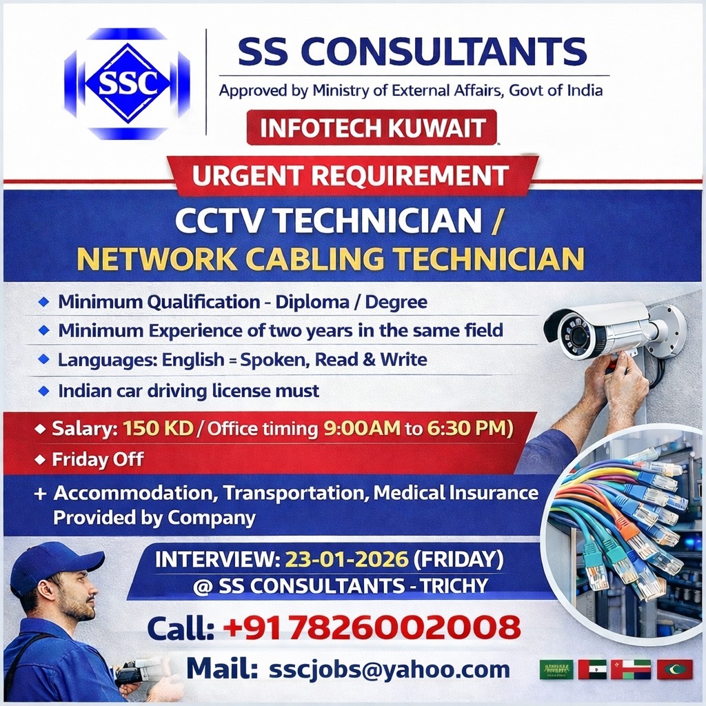 CCTV Technician Required in Kuwait | Overseas Jobs via SS Consultants