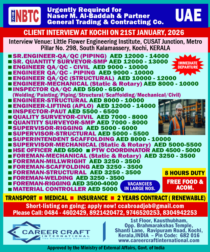 Client Interview at Kochi on 21st January, 2026 for NBTC, UAE –