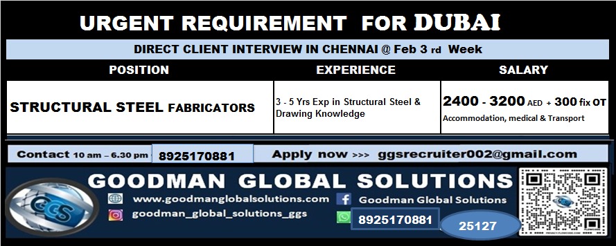 DUBAI – LONG TERM  DIRECT CLIENT INTERVIEW IN CHENNAI @ FEB 3rd WEEK