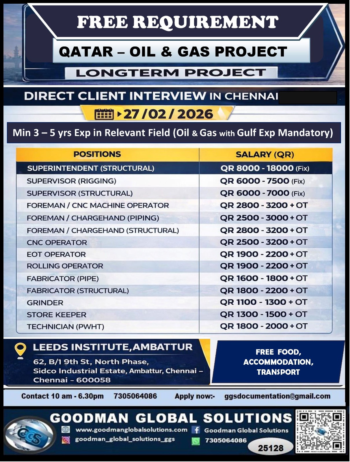 FREE REQUIREMENT – QATAR – LONG TERM – OIL & GAS PROJECT DIRECT CLIENT INTERVIEW IN CHENNAI @ 27-02-2026