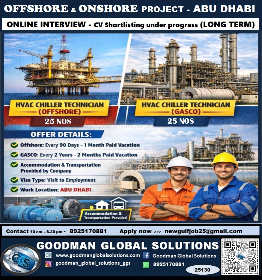 OFFSHORE -ONSHORE PROJECT – ABUDHABI – ONLINE INTERVIEW – CV shortlisting  under process (Long term)