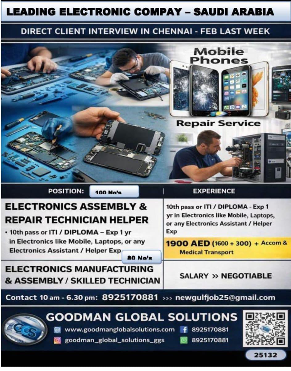SAUDI ARABIA – LEADING ELECTRONIC COMPANY (LONG TERM) DIRECT CLIENT  INTERVIEW IN CHENNAI @ FEB LAST WEEK