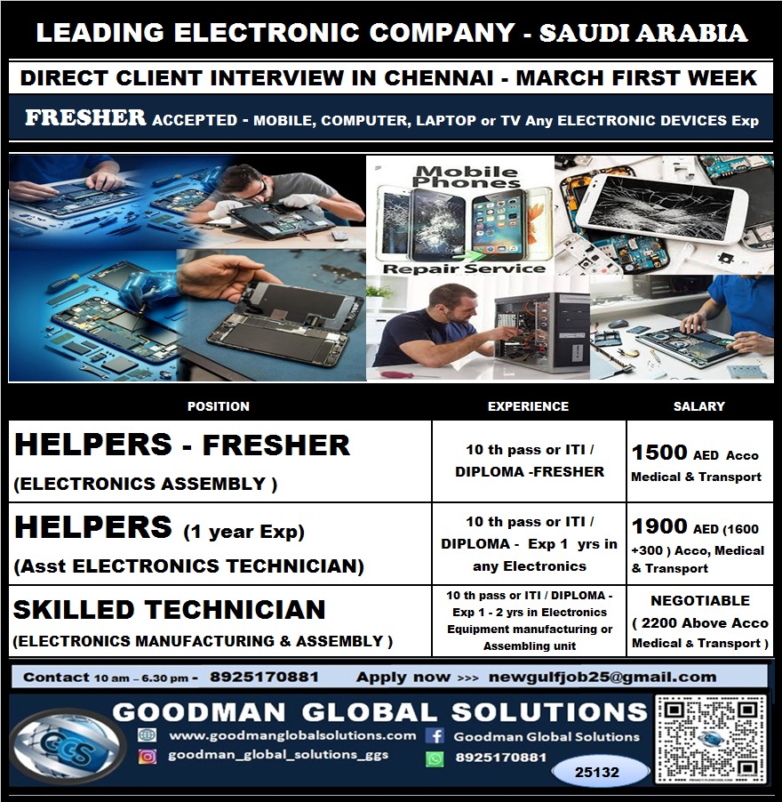 SAUDI ARABIA – LEADING ELECTRONIC COMPANY (LONG TERM) DIRECT CLIENT  INTERVIEW IN CHENNAI @ MARCH FIRST WEEK