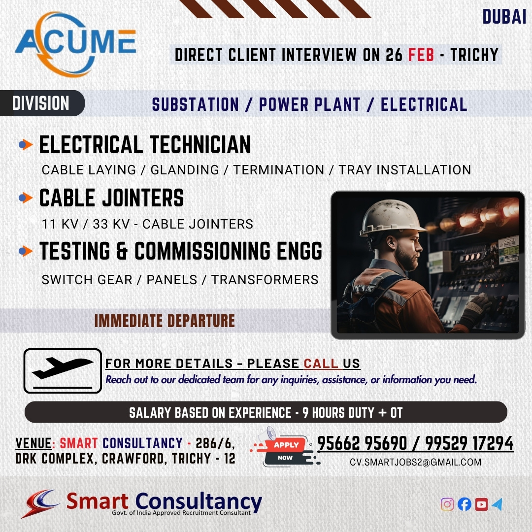 WANTED FOR A LEADING ELECTRICAL ENGINEERING COMPANY (DUBAI) DIRECT CLIENT INTERVIEW ON 26 FEB – TRICHY