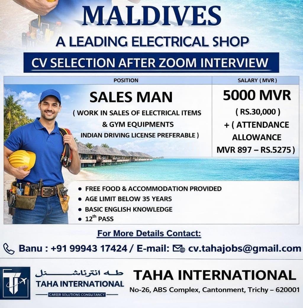 MALDIVES – CV SELECTION – A LEADING ELECTRICAL SHOP