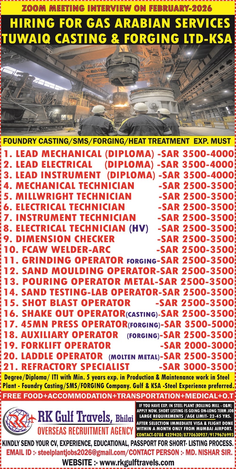 HIRING FOR A GAS ARABIA COMPANY FOR THEIR TUWAIQ STEEL-KSA.
