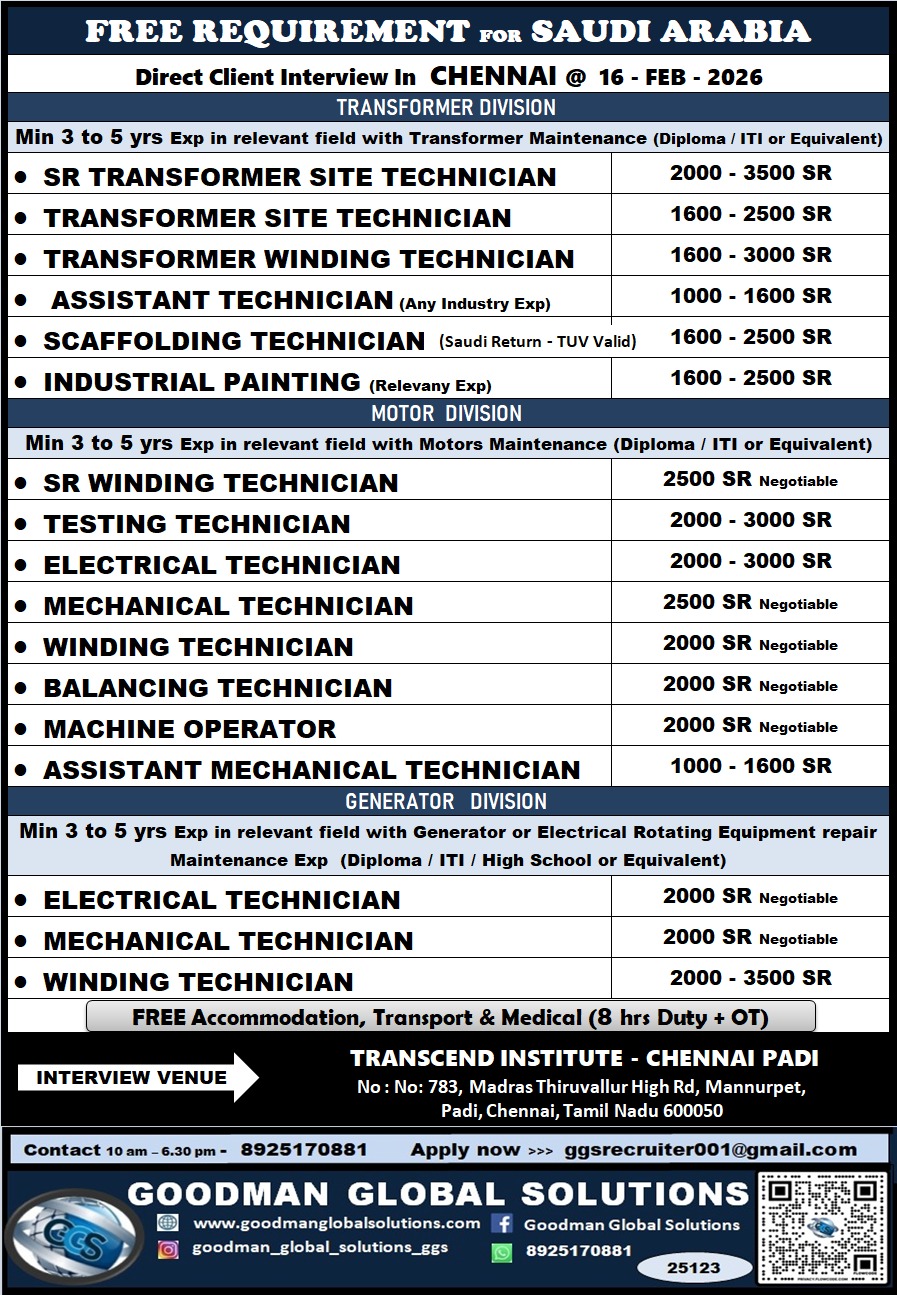 SAUDI ARABIA – TRANSFORMER DIVISION PROJECT ( LONG TERM )  DIRECT CLIENT INTERVIEW IN CHENNAI @16-02-2026
