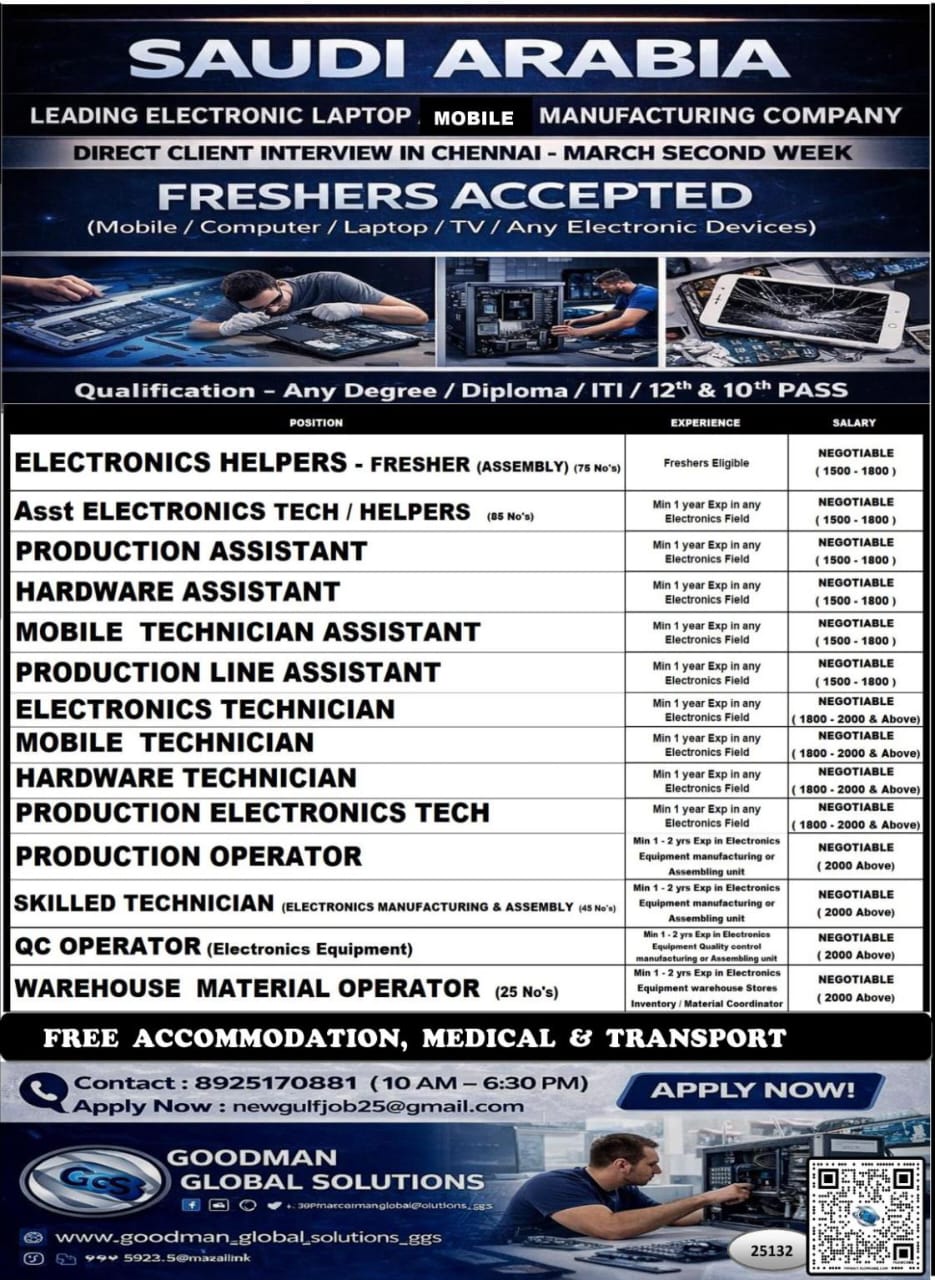 SAUDI ARABIA – LEADING ELECTRONIC COMPANY (LONG TERM) DIRECT CLIENT  INTERVIEW IN CHENNAI @ MARCH  LAST WEEK