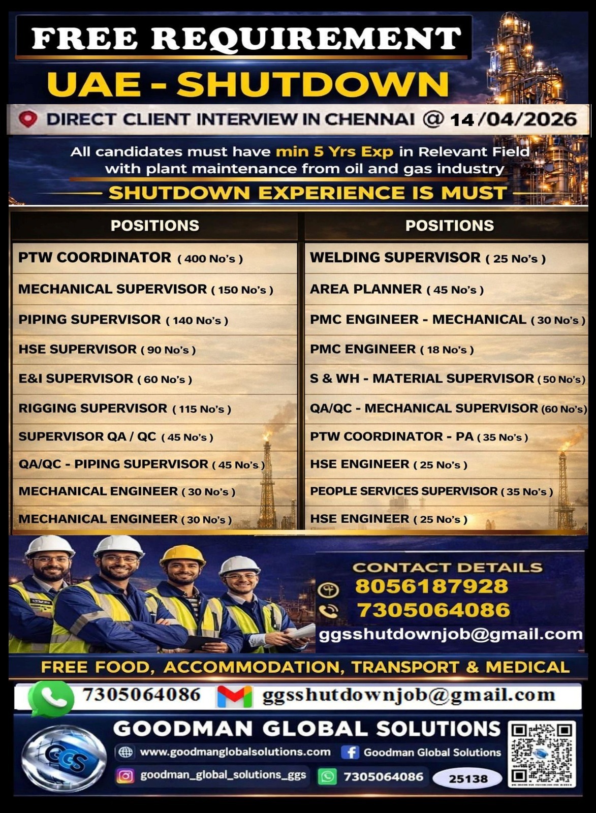 FREE REQUIREMENT – UAE – OIL & GAS  (SHUTDOWN PROJECT) DIRECT CLIENT INTERVIEW  IN CHENNAI @19/04/2026