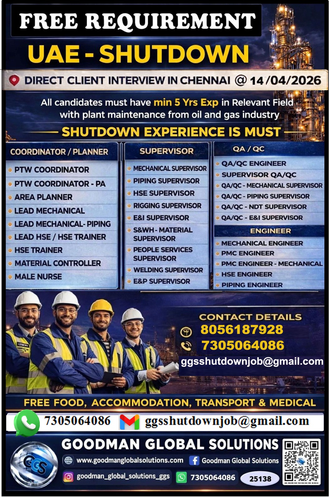 FREE REQUIREMENT – UAE – OIL & GAS  (SHUTDOWN PROJECT) DIRECT CLIENT INTERVIEW  IN CHENNAI @11/04/2026
