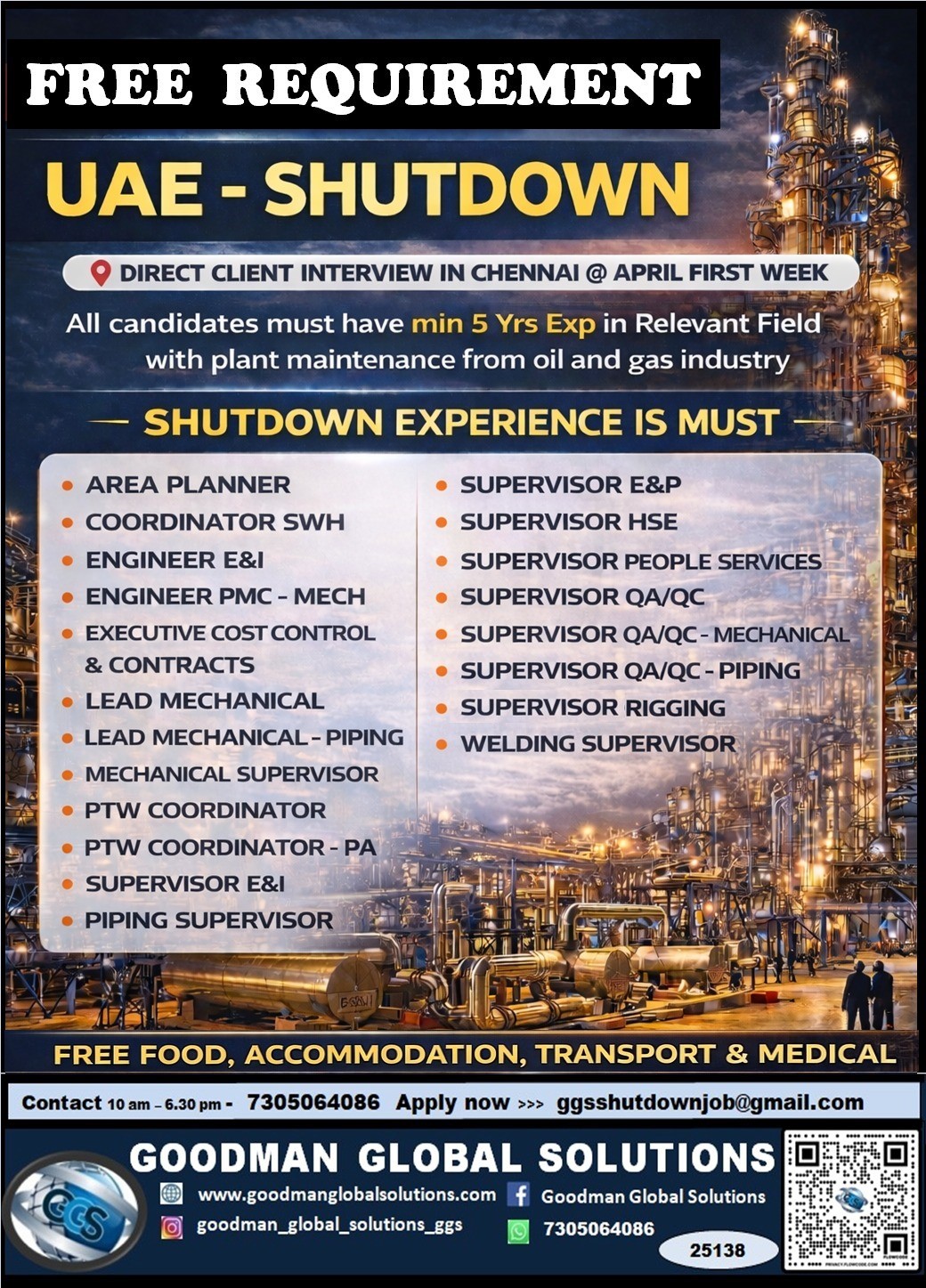 FREE REQUIREMENT – UAE – OIL & GAS  (SHUTDOWN PROJECT) DIRECT CLIENT INTERVIEW  IN CHENNAI @11/04/2026