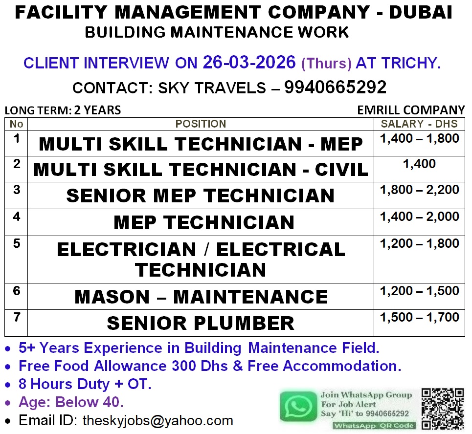 Urgently Required For Leading Company – Dubai.