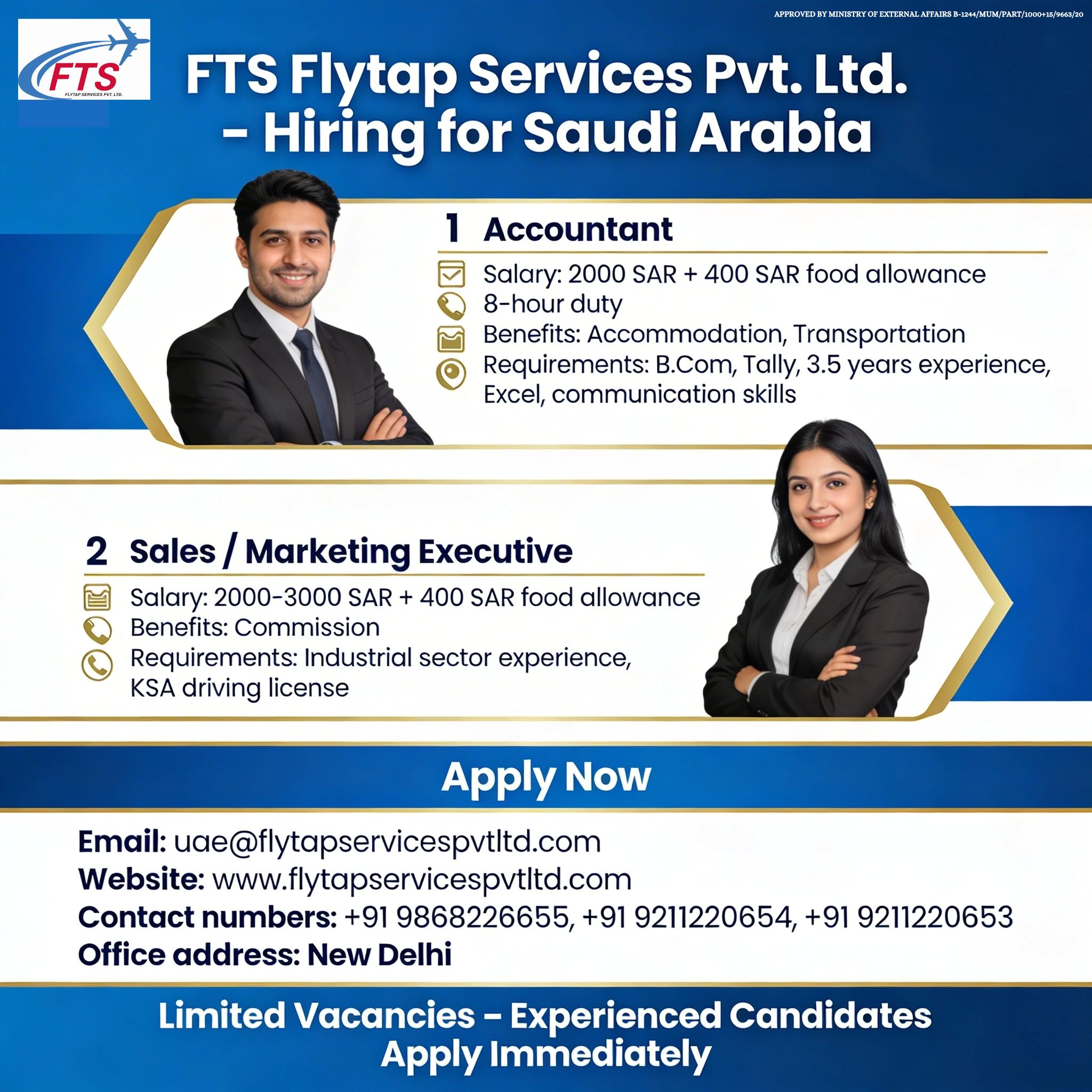 Overseas Job Opportunity in Saudi Arabia – Accountant & Sales Executive Hiring