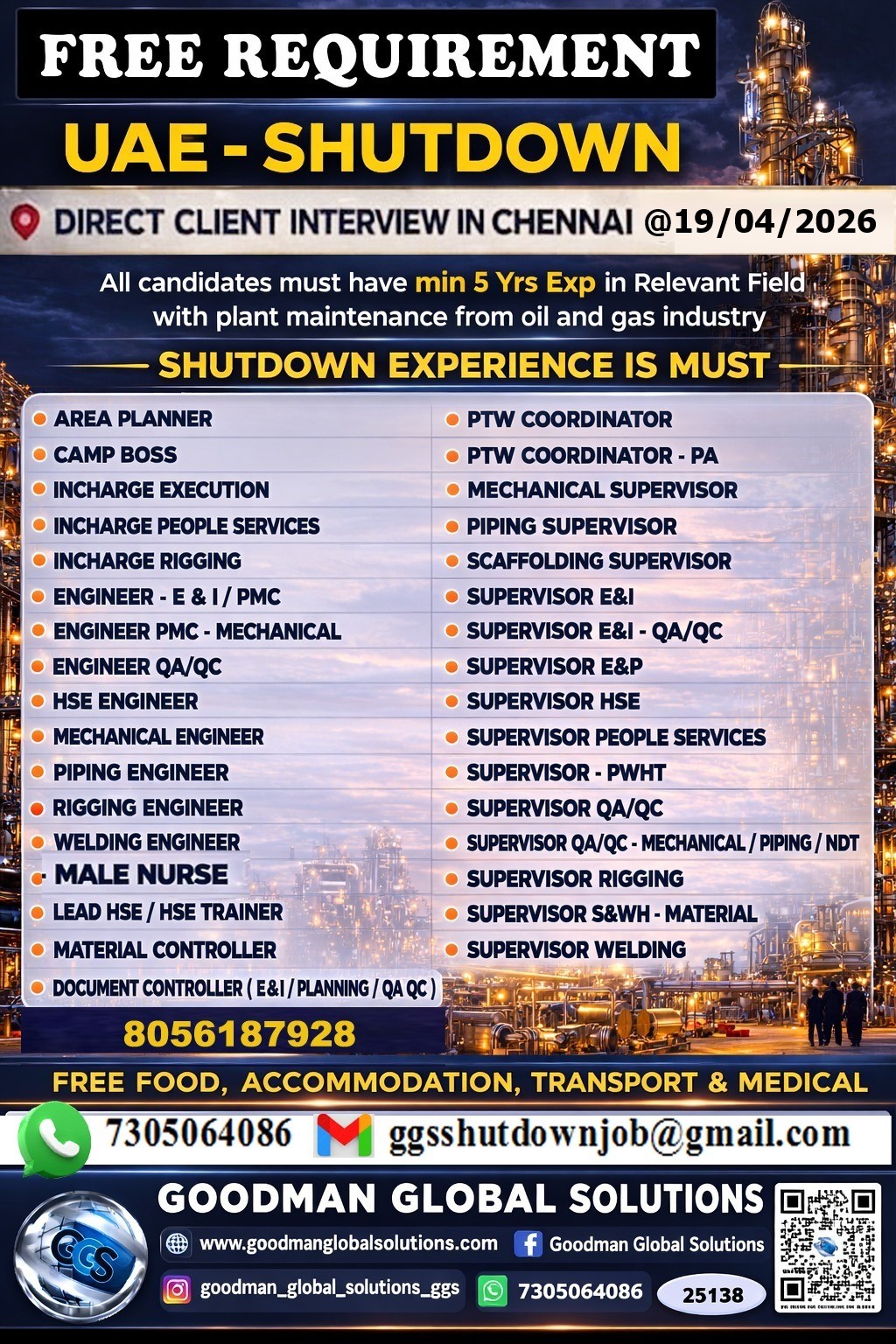 FREE REQUIREMENT – UAE – OIL & GAS  (SHUTDOWN PROJECT)  DIRECT CLIENT INTERVIEW  IN CHENNAI @19/04/2026