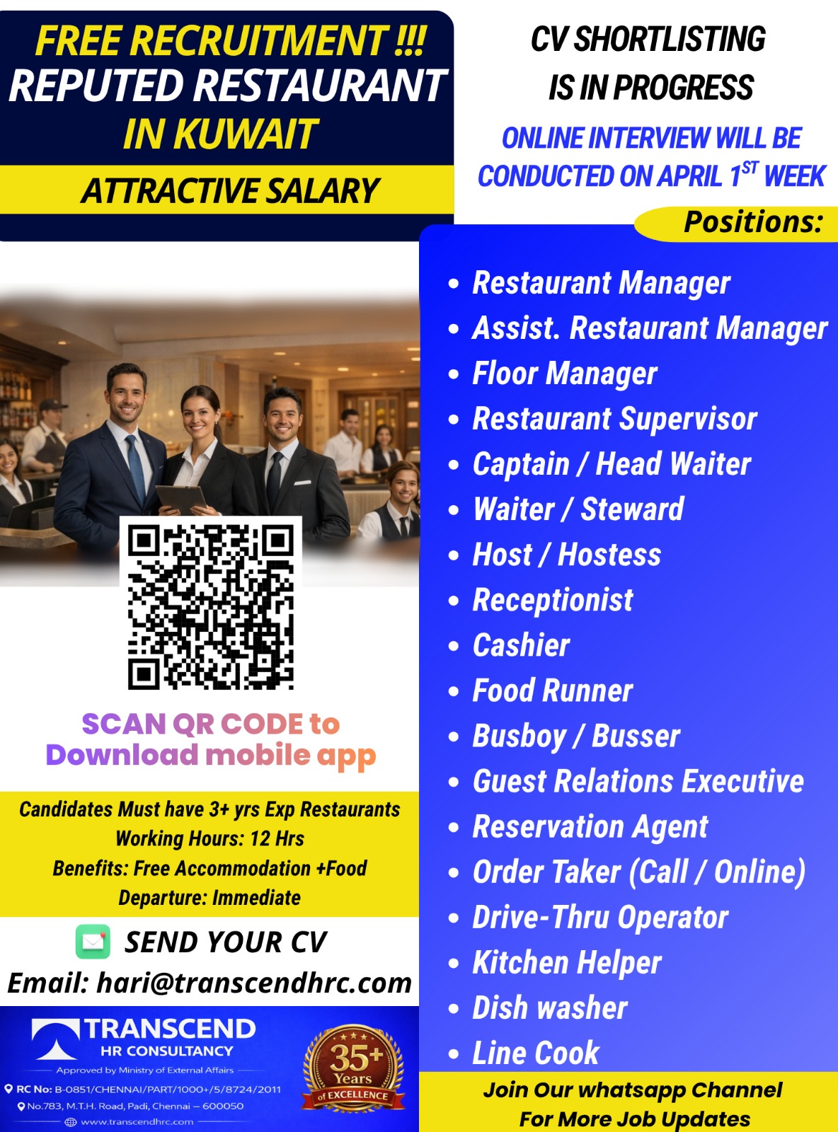 Free Recruitment For Multiple Restaurant Roles for Reputed Group in Kuwait
