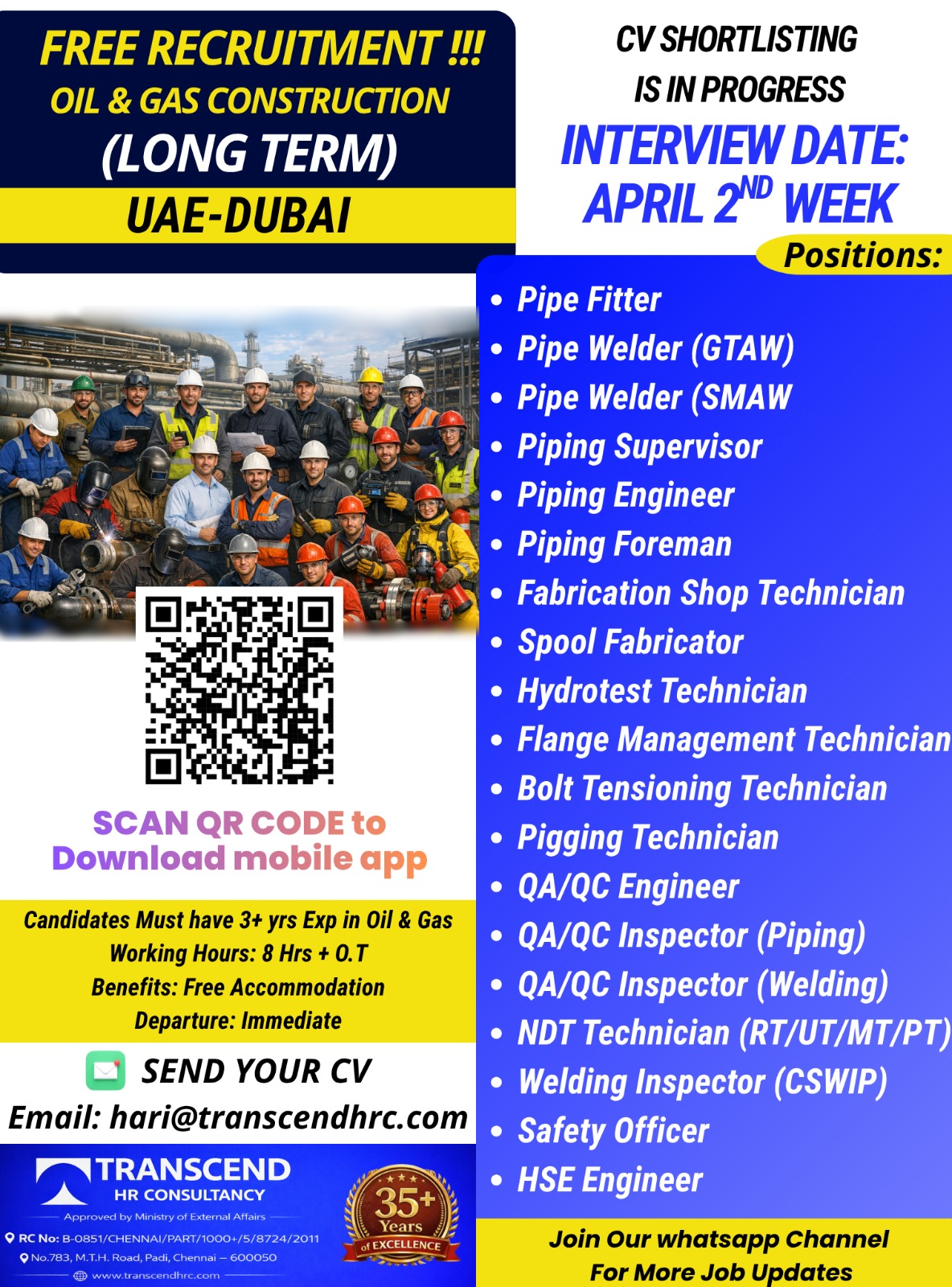 Free Recruitment for Oil & Gas Construction Roles (Long Term) – UAE Dubai