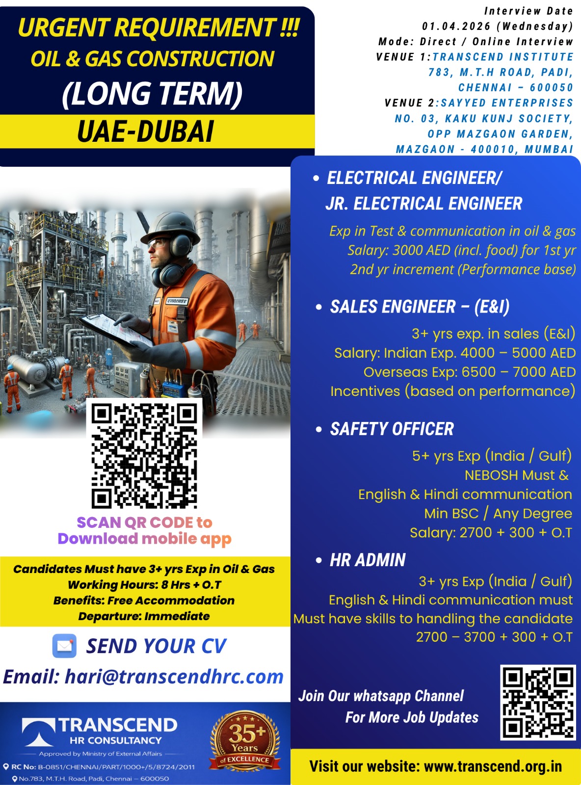 Urgent Requirement For Electrical, Sales & Admin Roles – Oil & Gas Construction – UAE Dubai