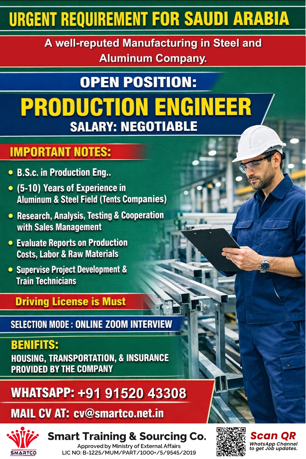 URGENT REQUIREMENT FOR SAUDI ARABIA A well-reputed Manufacturing in Steel and Aluminum Company.