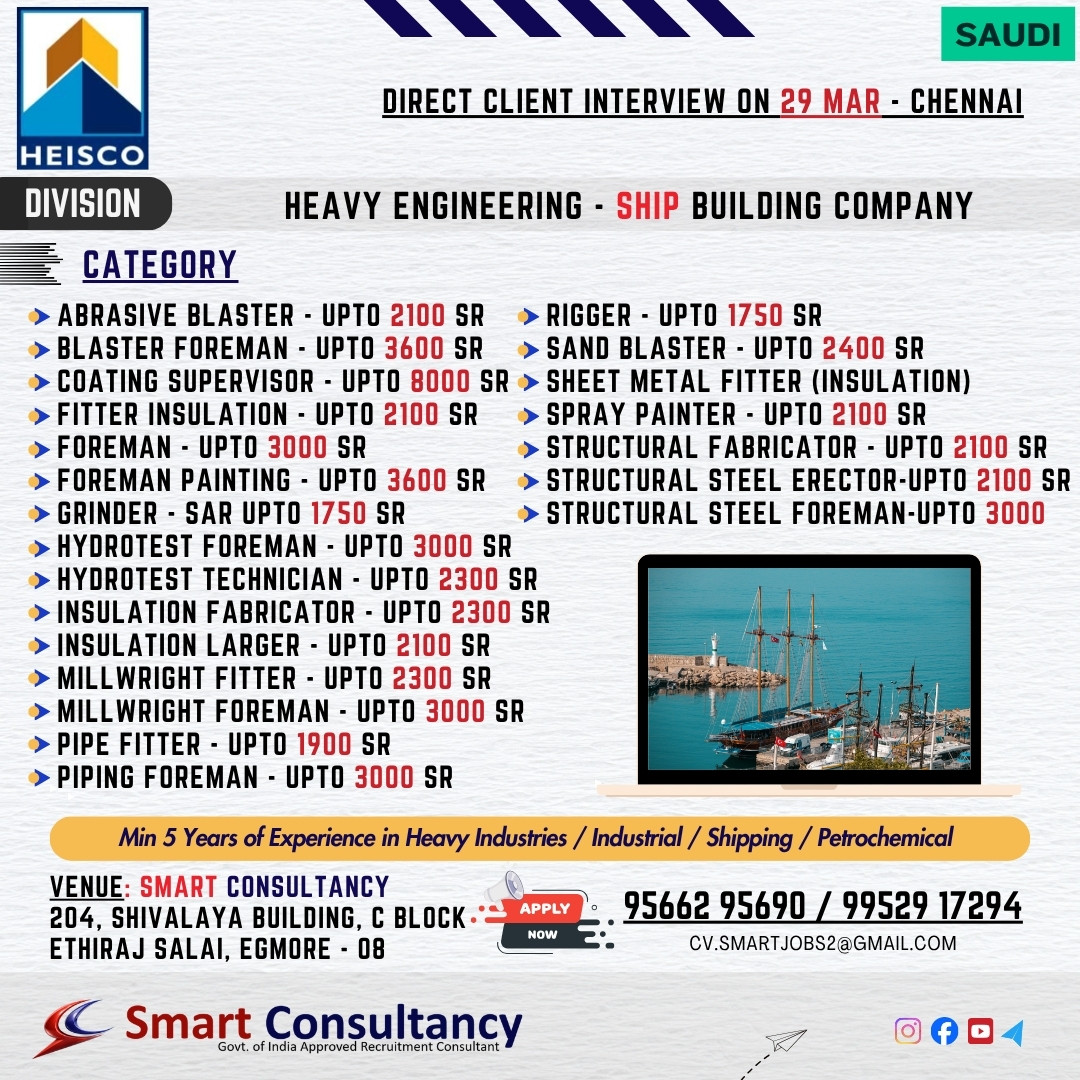 SAUDI ARABIA — URGENT HIRING  Heavy Engineering / Shipbuilding Company  Direct Client Interview — 29 March | Chennai