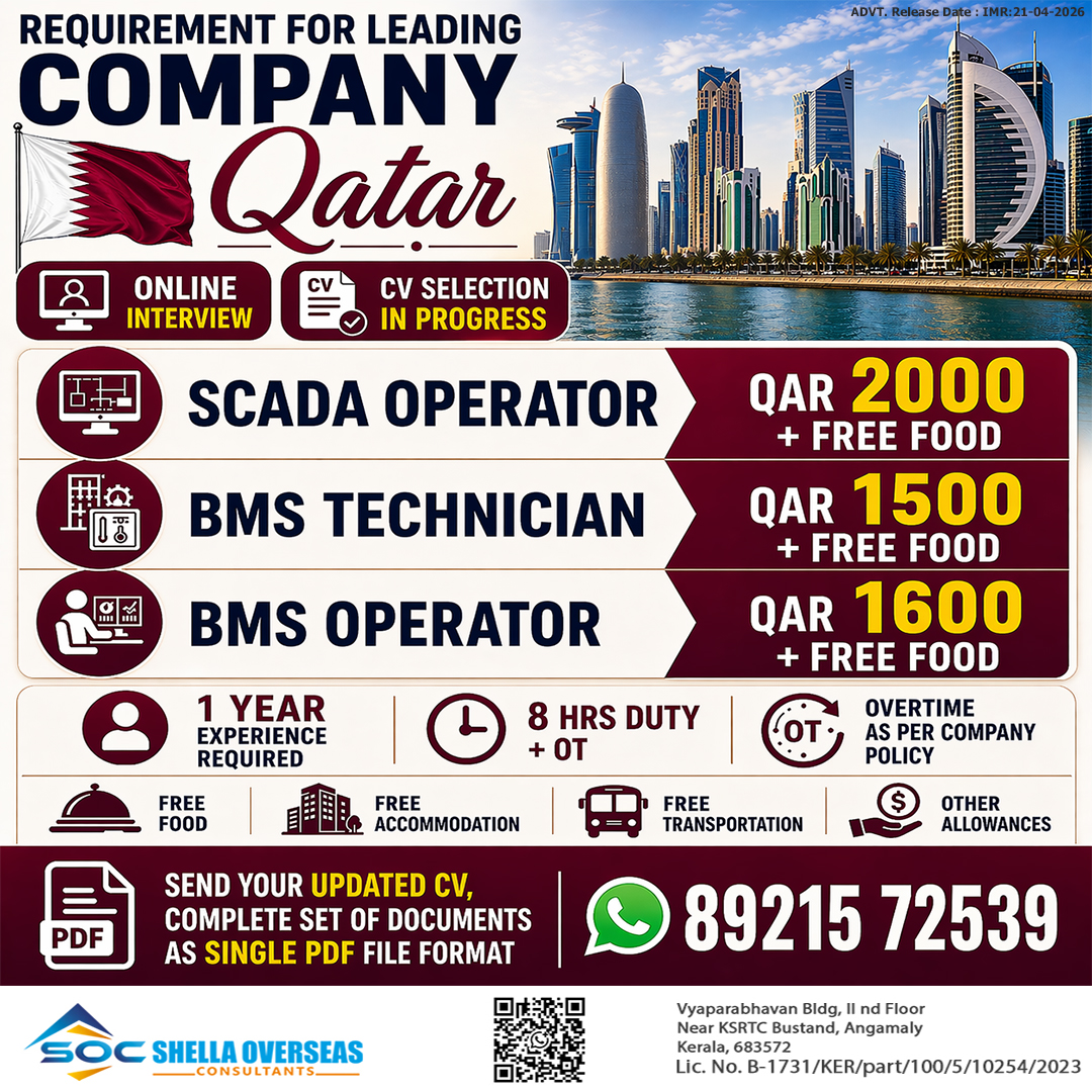 SCADA Operator, BMS Technician, BMS Operator Qatar