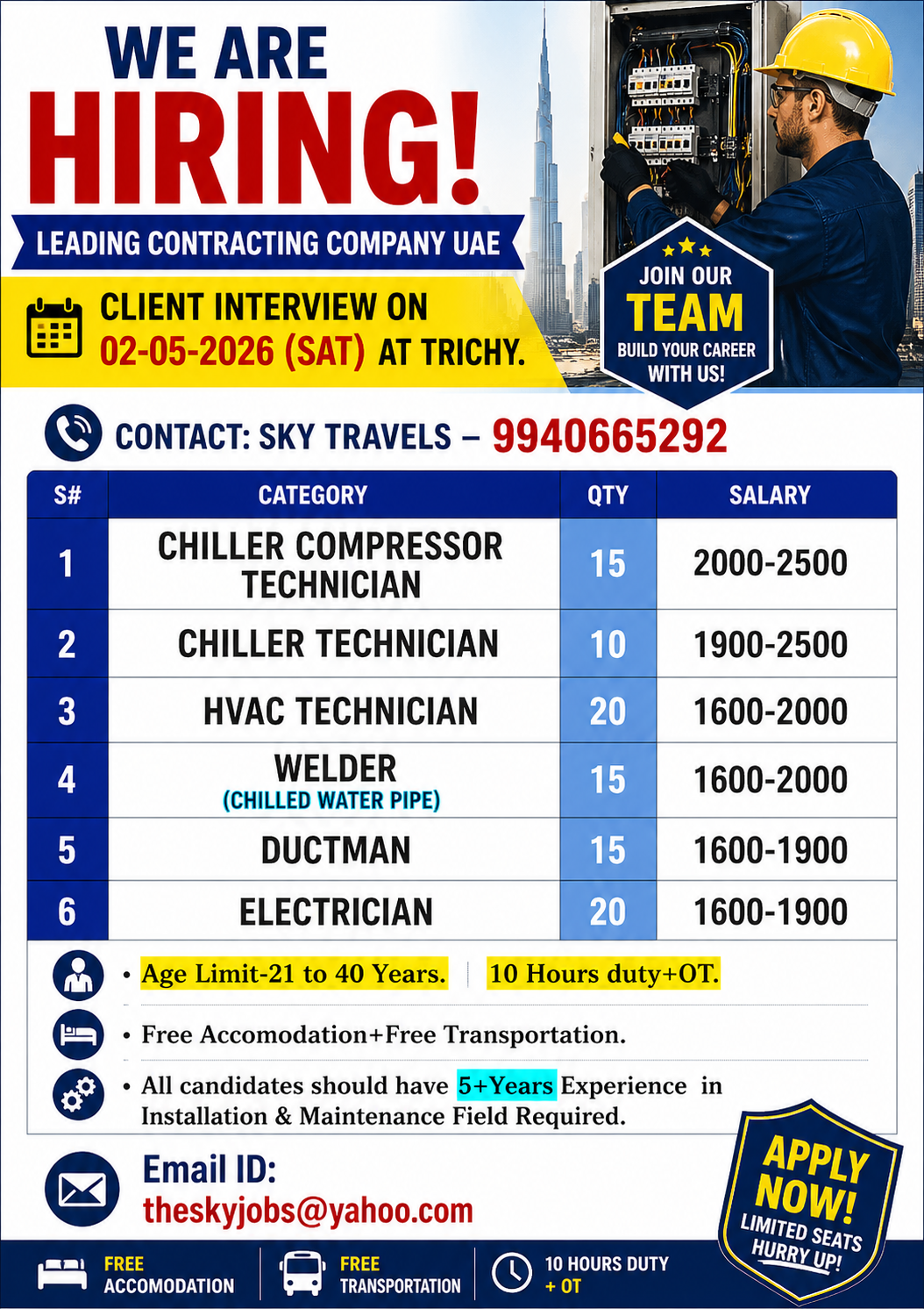 Urgently Required For Leading Company – UAE.