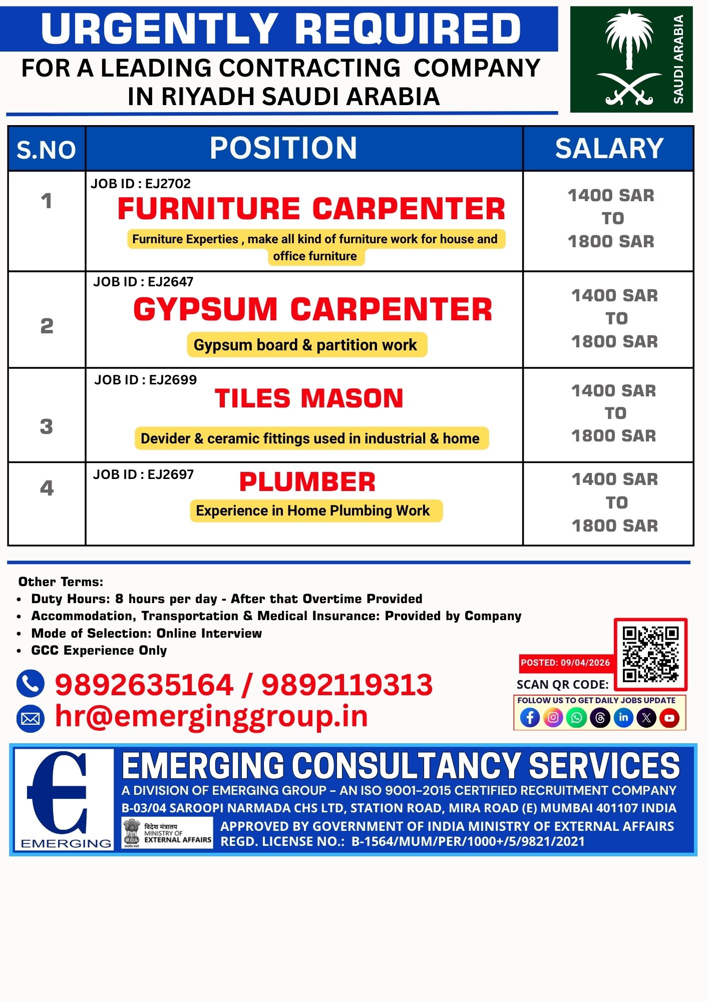 URGENT REQUIRED FOR SAUDI ARABIA LEADING CONTRACTING COMPANY