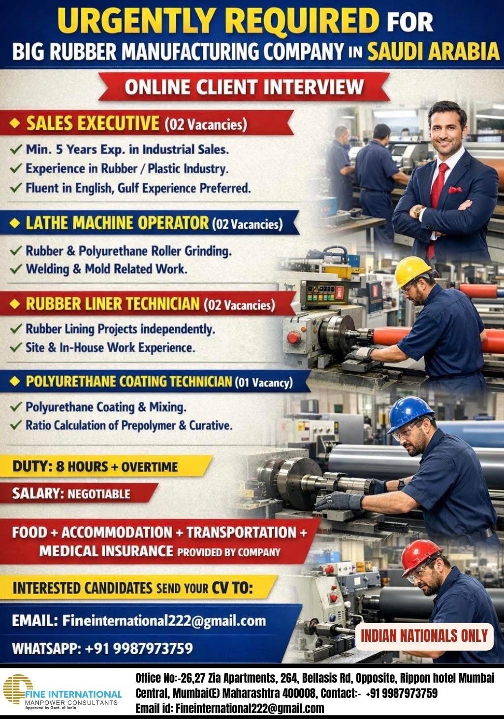 URGENTLY REQUIRED FOR BIG RUBBER MANUFACTURING COMPANY IN SAUDI ARABIA