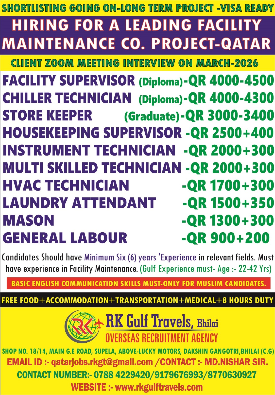 HIRING FOR A LEADING FACILITY MAINTENANCE COMPANY-QATAR