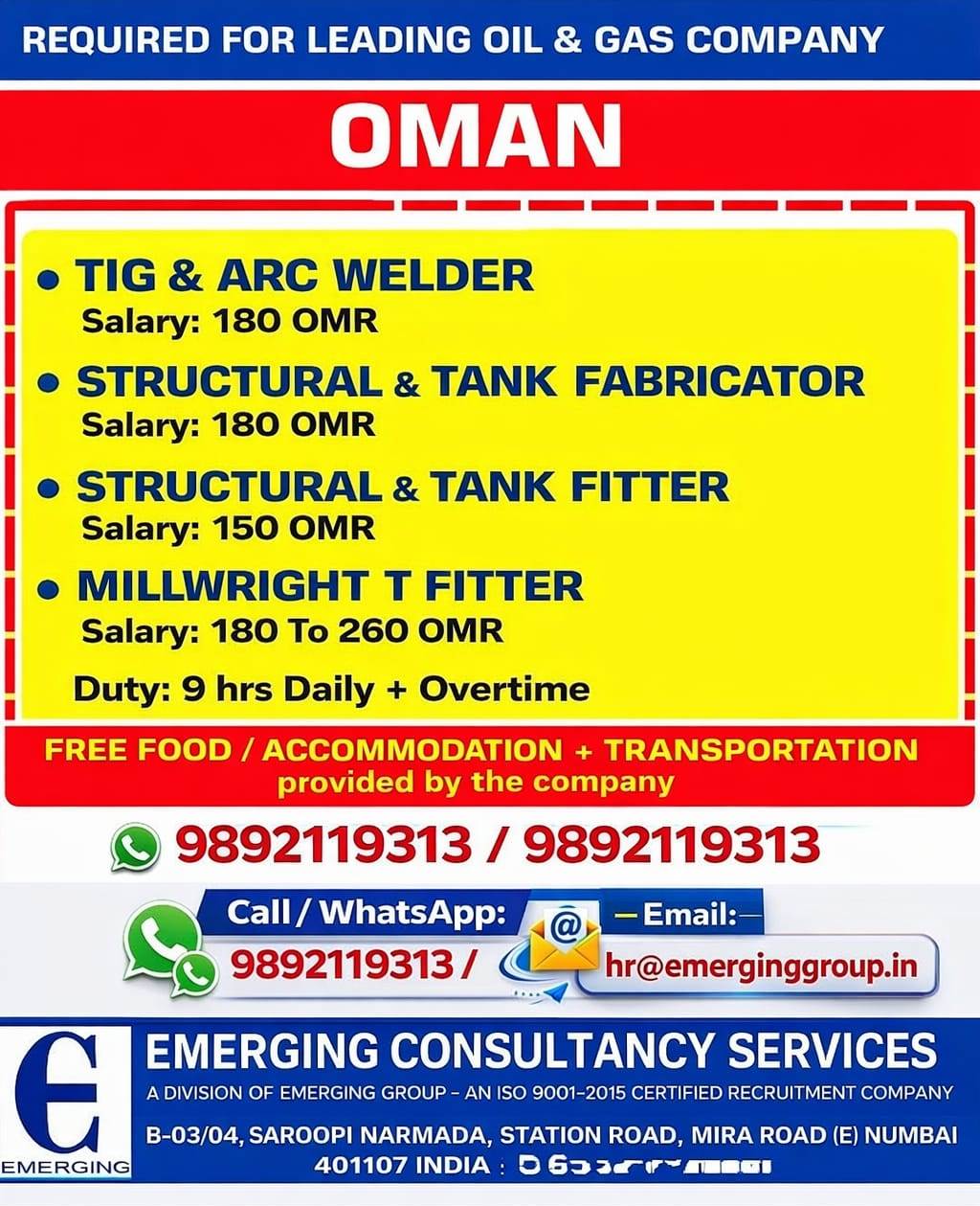 URGENT REQUIRED FOR OMAN – INDUSTRIAL COMPANY