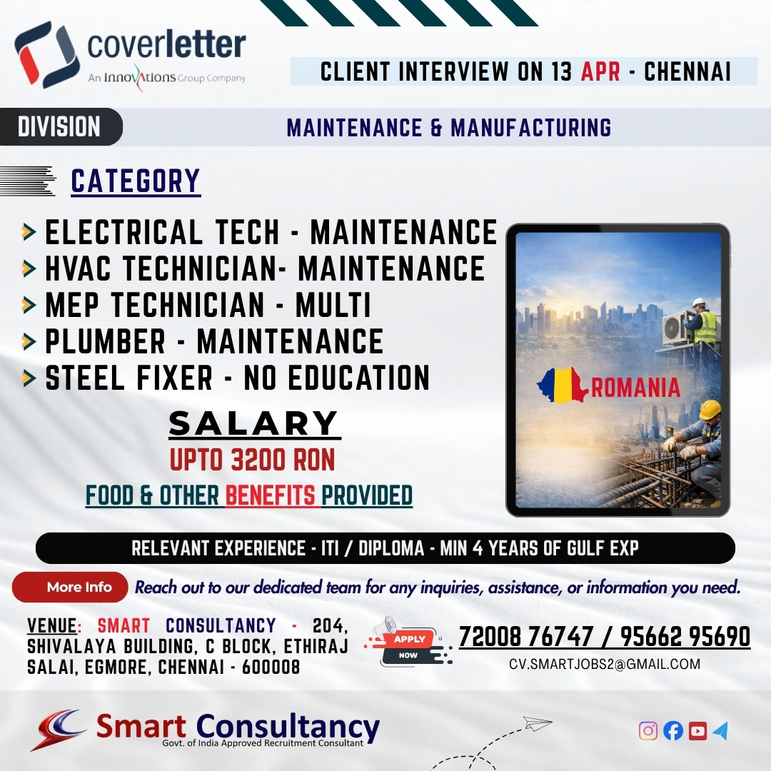 Looking for overseas job opportunities from Tamil Nadu? 🌍 Direct client interview happening in Chennai on April 13 for Romania jobs in maintenance & manufacturing sector.