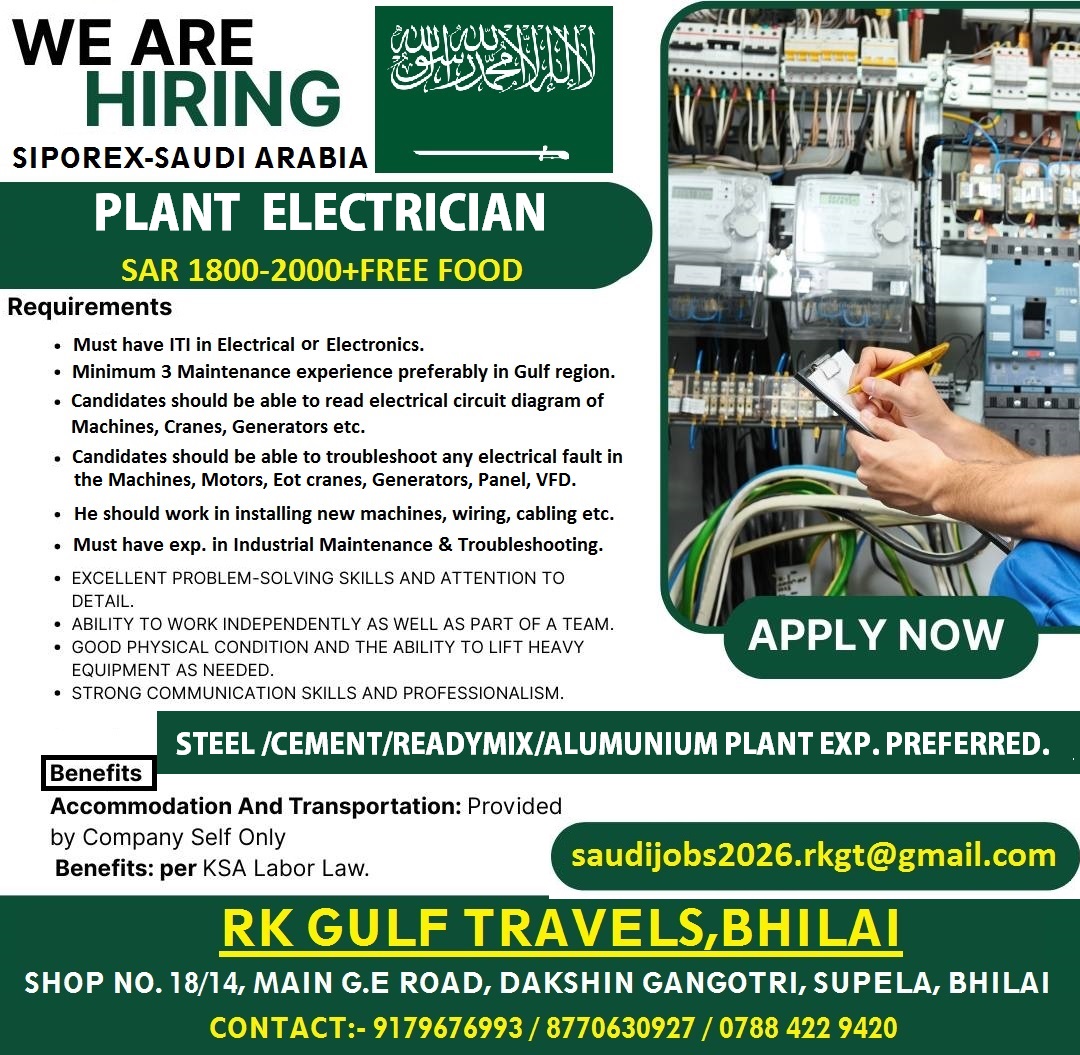 PLANT MAINTENANCE ELECTRICIAN – SIPOREX – SAUDI ARABIA