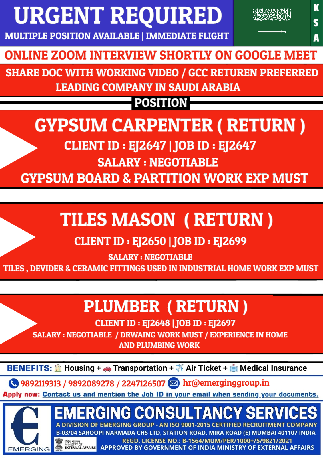 URGENT REQUIRED FOR LEADING COMPANY IN SAUDI ARABIA