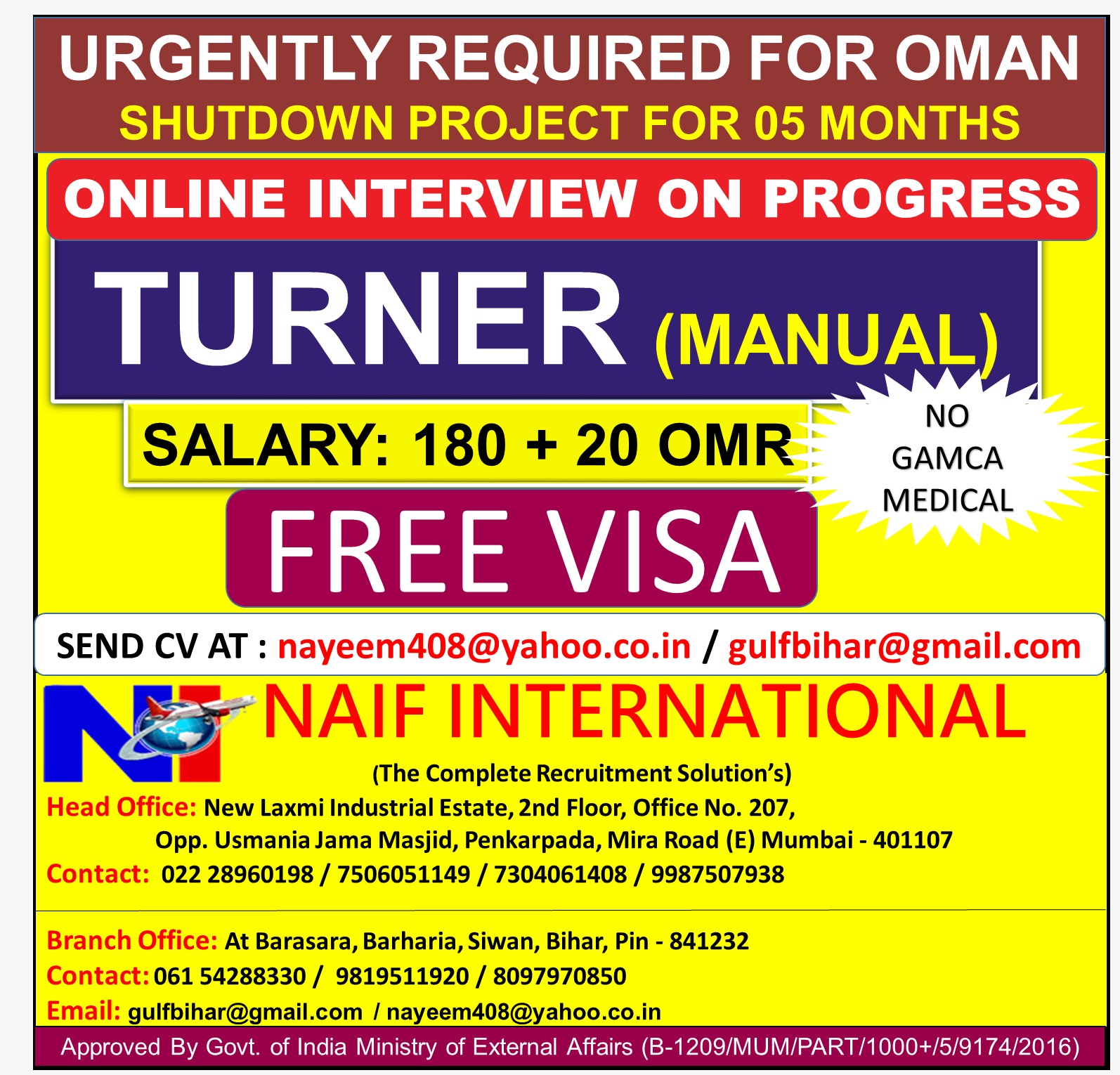 URGENTLY REQUIRED FOR OMAN SHUTDOWN PROJECT FOR 05 MONTHS