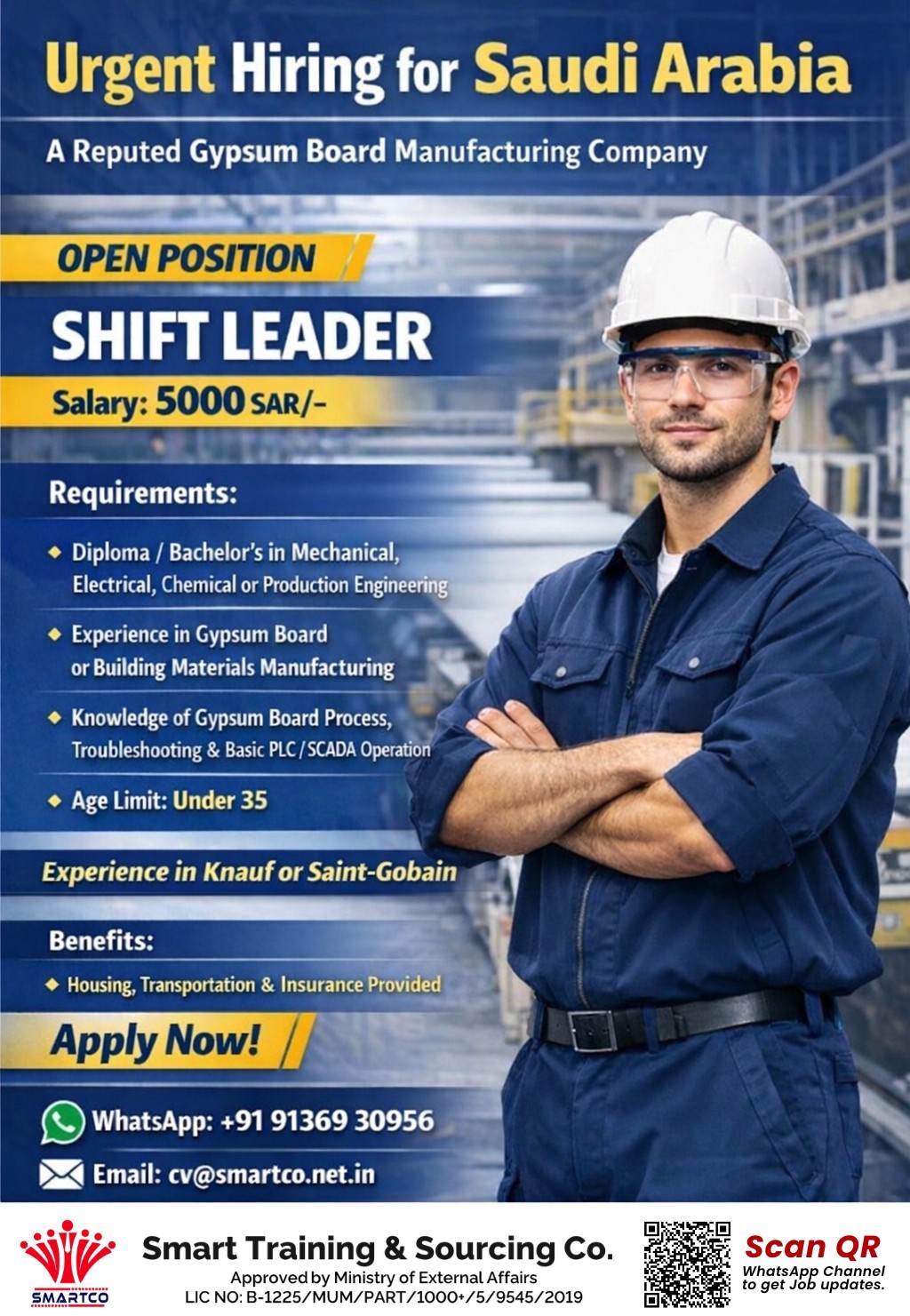Urgent Hiring for Saudi Arabia A Reputed Gypsum Board Manufacturing Company