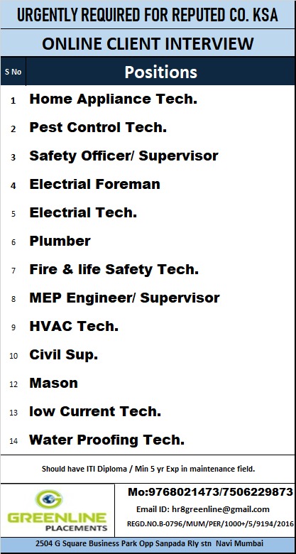 URGENTLY REQUIRED FOR REPUTED CO. KSA