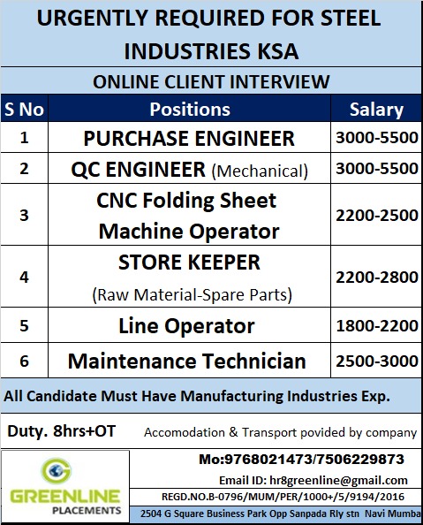 URGENTLY REQUIRED FOR STEEL INDUSTRIES KSA