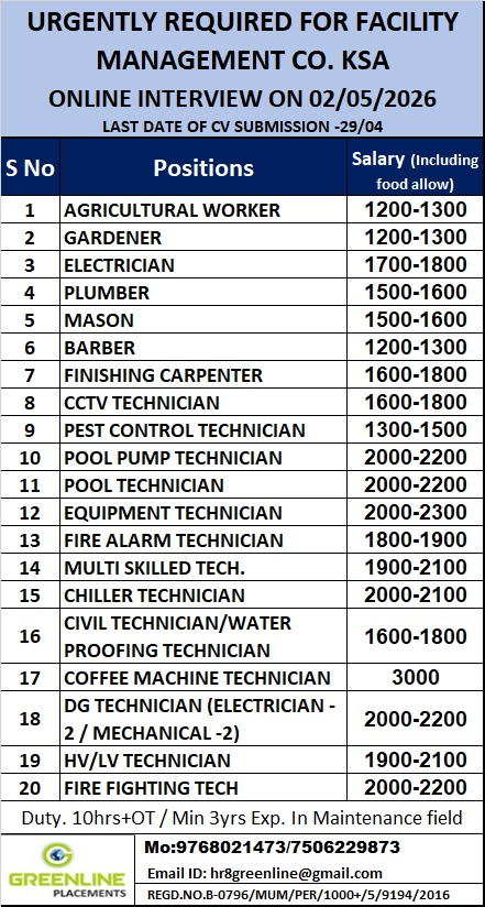 URGENTLY REQUIRED FOR FACILITY MANAGEMENT CO. KSA