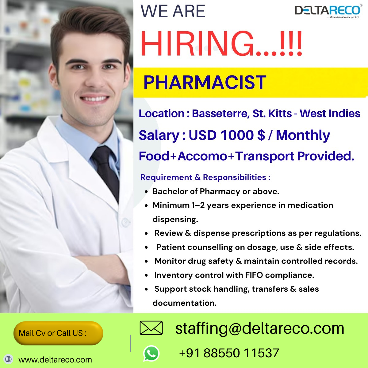 Hiring Pharmacist and Assistant pharmacist for West indies