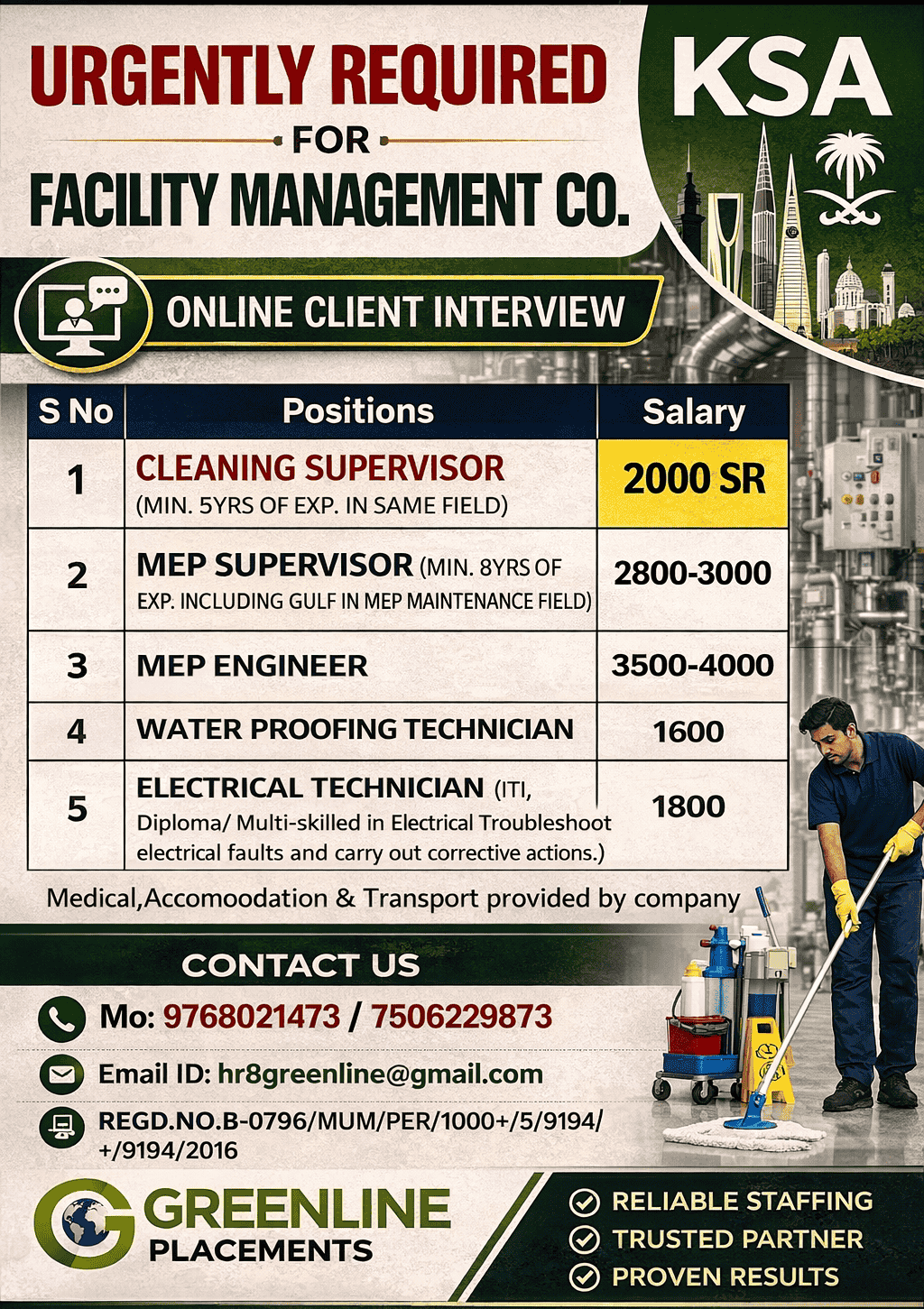URGENTLY REQUIRED FOR FACILITY MANAGEMENT CO. KSA