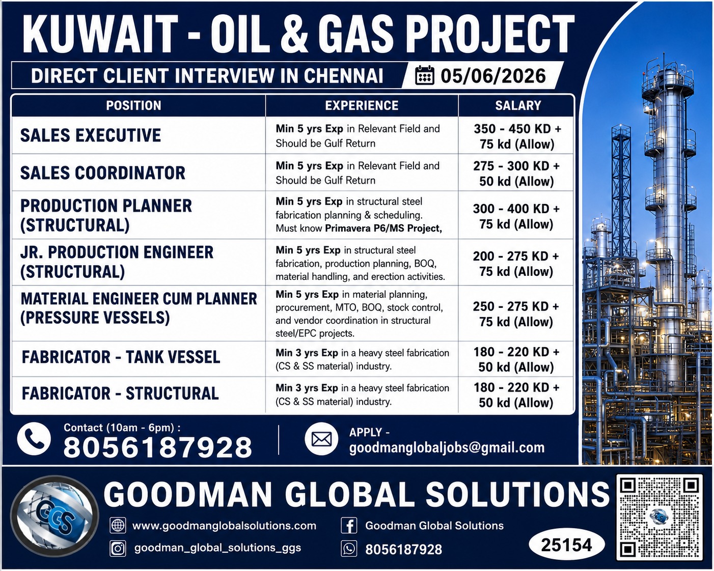 URGENT REQUIREMENT – KUWAIT – LONG TERM DIRECT CLIENT INTERVIEW IN CHENNAI ON 05/06/2026