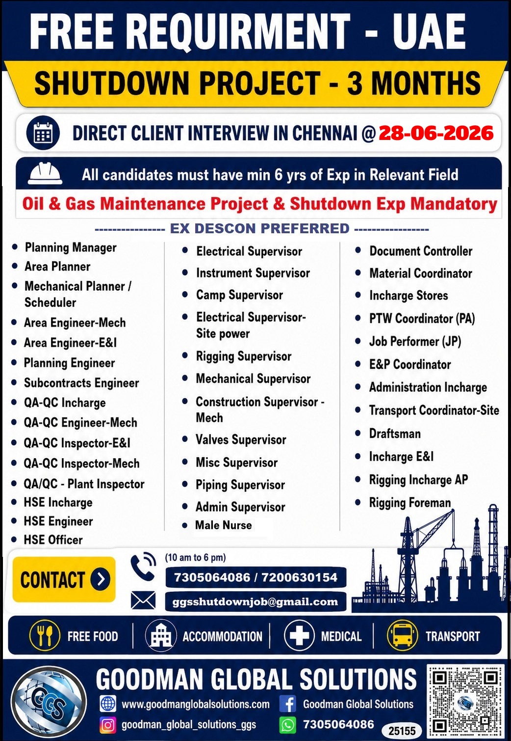 FREE REQUIREMENT – UAE – SHUTDOWN PROJECT DIRECT CLIENT INTERVIEW IN CHENNAI ON 28-06-2026