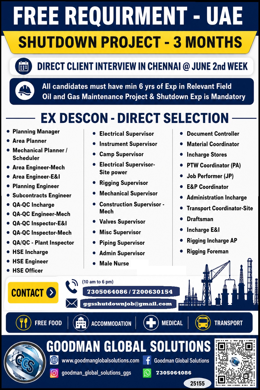 URGENT REQUIREMENT – UAE – SHUTDOWN PROJECT DIRECT CLIENT INTERVIEW IN CHENNAI ON JUNE 2ND WEEK