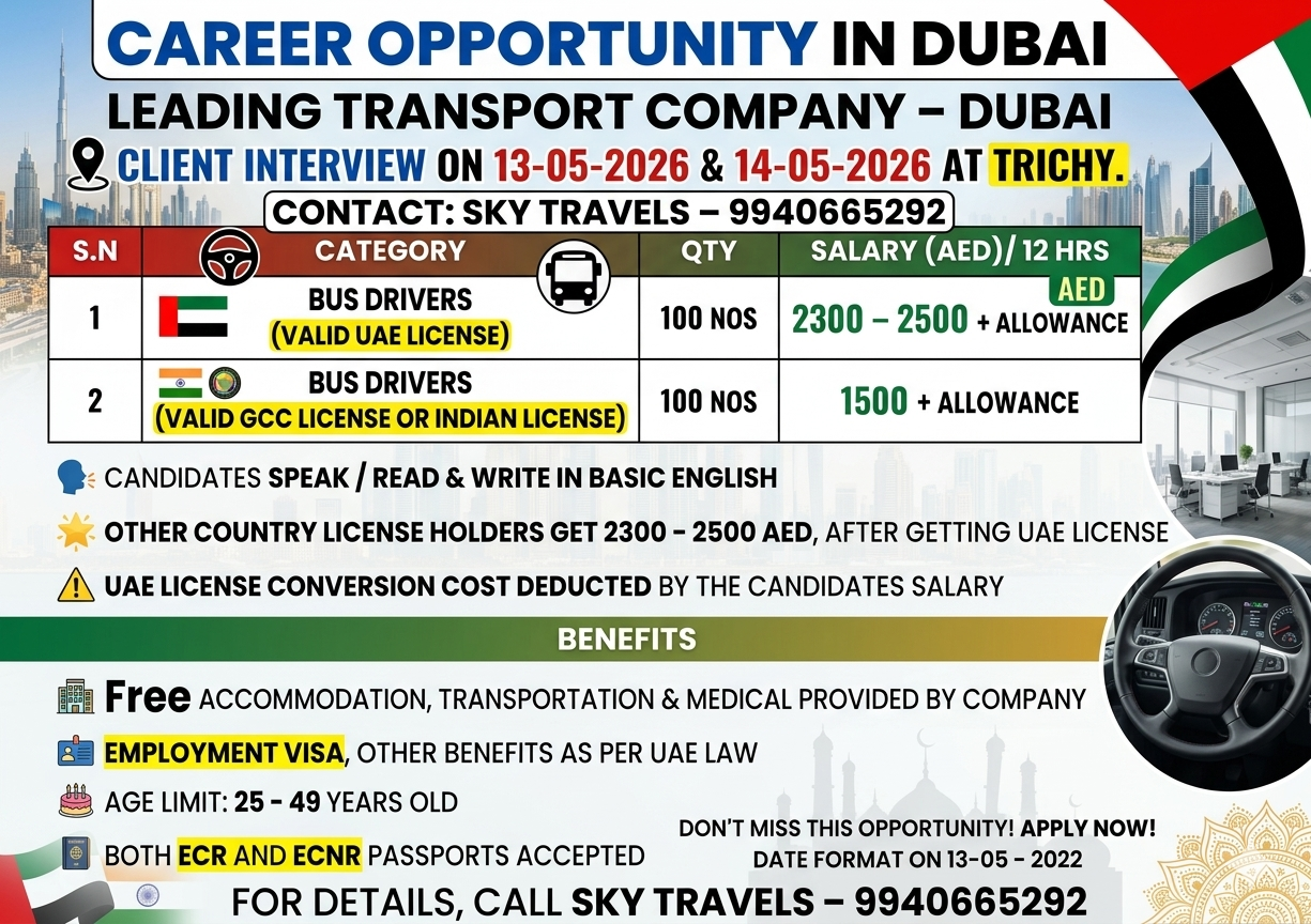 Urgently Required For Leading Company – Dubai.