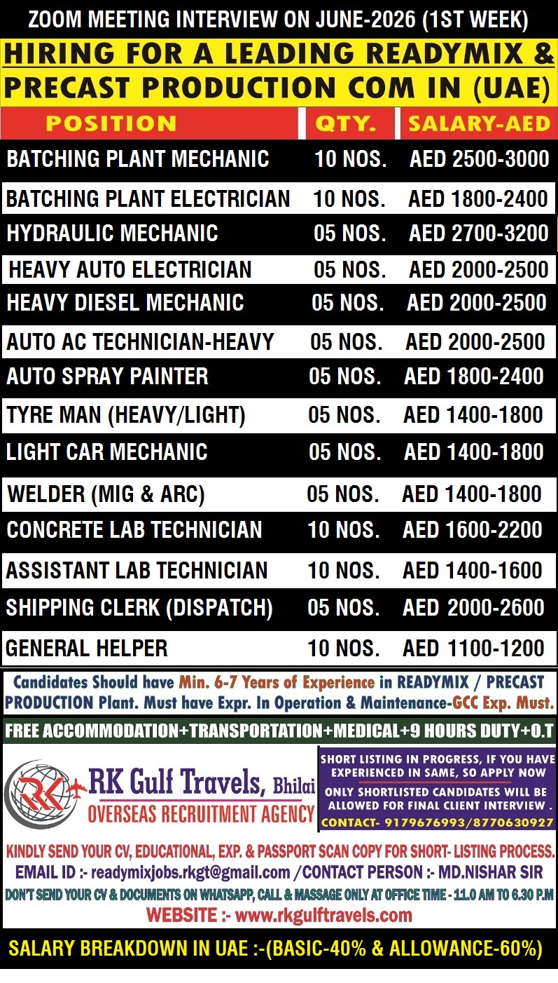 HIRING FOR A LEADING READY MIX COMPANY-ABU DHABI (UAE).