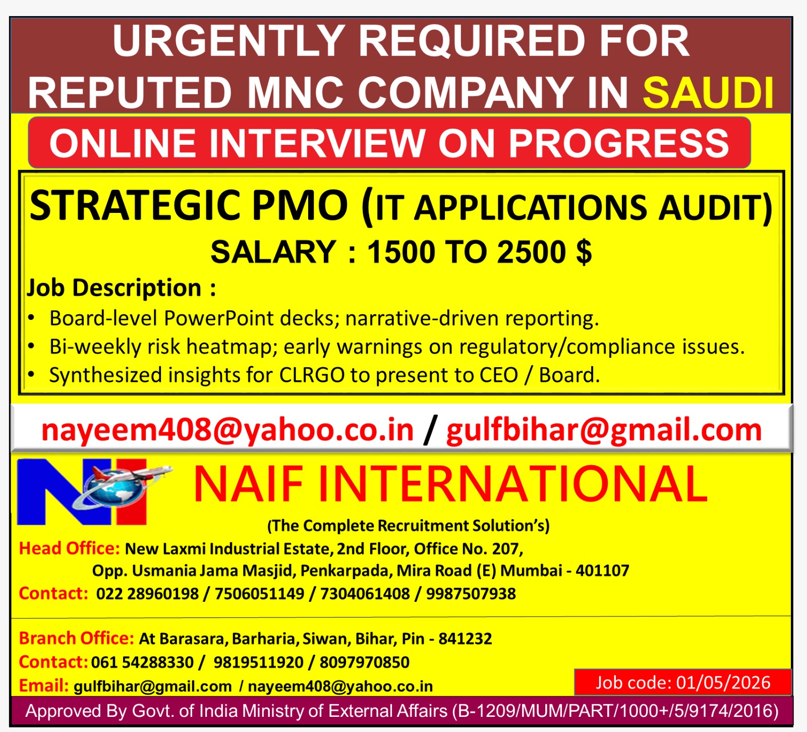 URGENTLY REQUIRED FOR REPUTED MNC COMPANY IN SAUDI