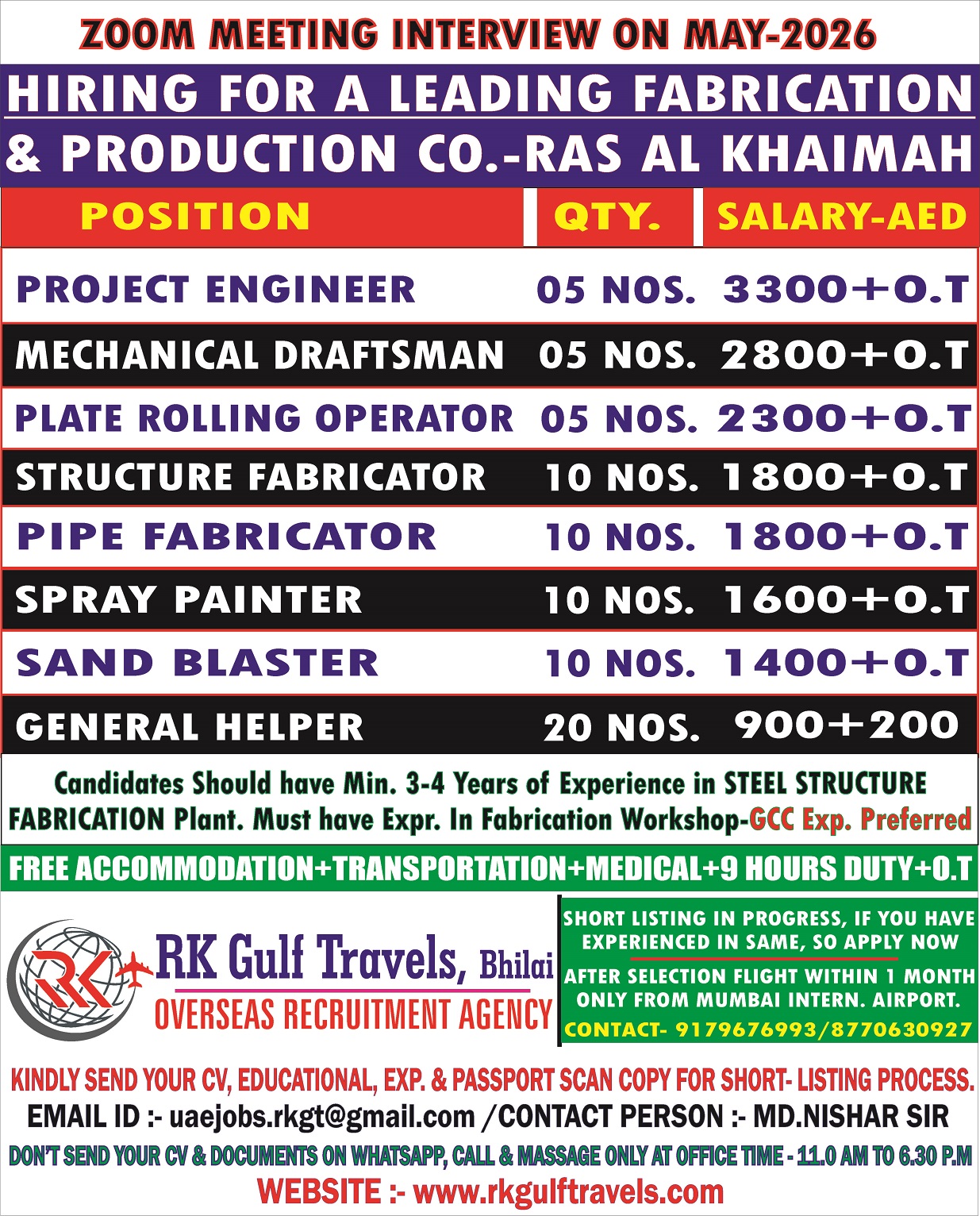 HIRING FOR A LEADING FABRICATION & PRODUCTION COMPANY–RAS AL KHAIMAH.