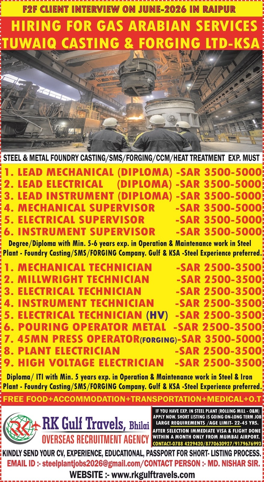 HIRING FOR A GAS ARABIA COMPANY FOR THEIR TUWAIQ STEEL – KSA 