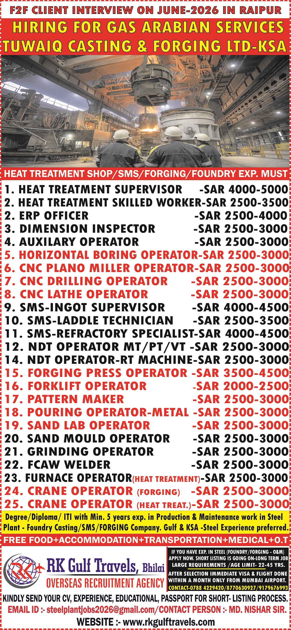 HIRING FOR A GAS ARABIA COMPANY FOR THEIR TUWAIQ STEEL – KSA 